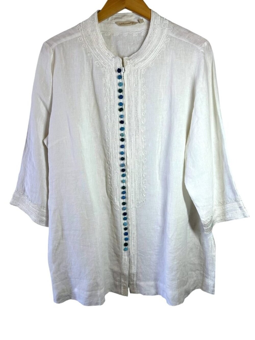 Soft Surroundings Desert Linen Tunic White Embroidered Blue Pom Pom Size 1X Top - Picture 2 of 5